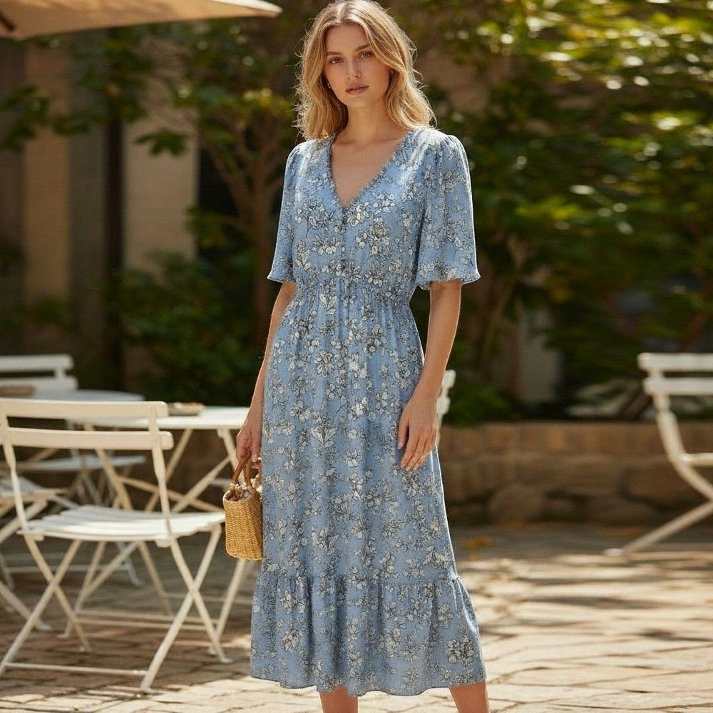 Wayward Fancies eShakti Blue Floral Flutter Sleeve Tiered Midi Dress Plus 4X 28W